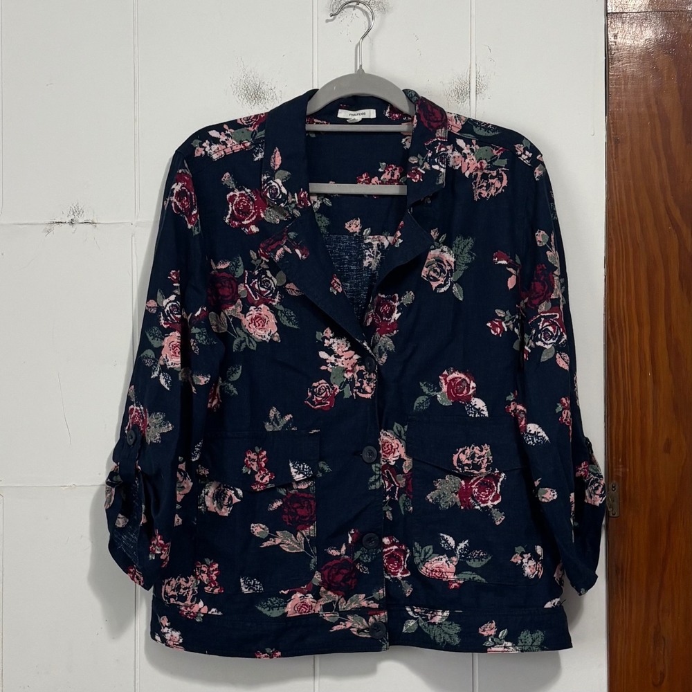 Maurices Womens Navy Blue Floral Linen Blend Utility Jacket Rose Print Large